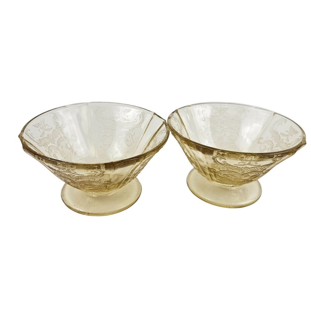 Vintage Madrid Yellow Depression Glass 2 Custard Bowls Embossed Floral Design